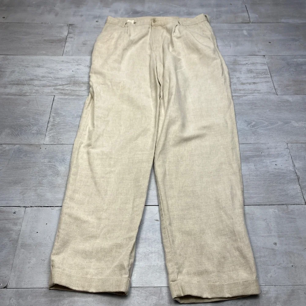 Dockers Linen Cotton Pleated Pants Mens 38x36 Beige Khaki Cuffed Summer Trousers